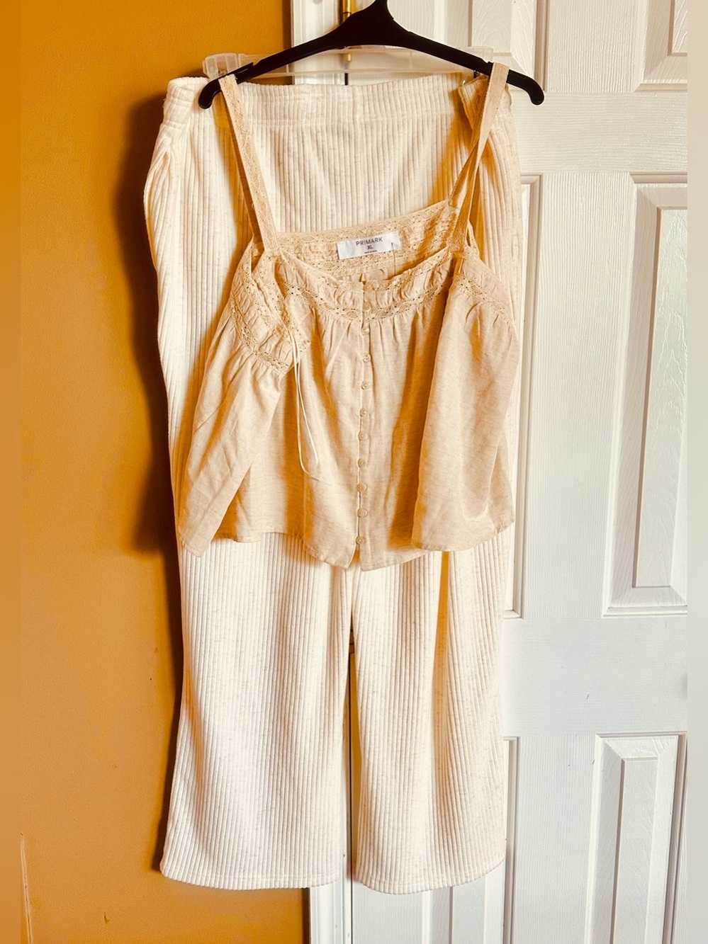 Primark Cream Lace-Trim Wide-Leg Pants & Camisole Set